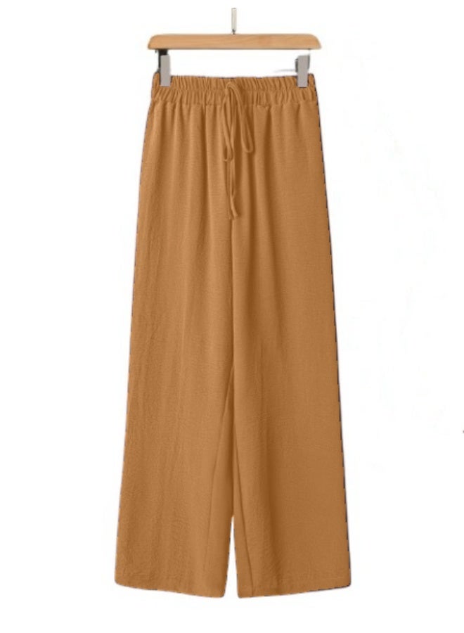 بنطلون نسائي واسع الساقين، بخصر مطاطي ورباط، مقاس حر، مناسب للارتداء اليومي. - Image 1